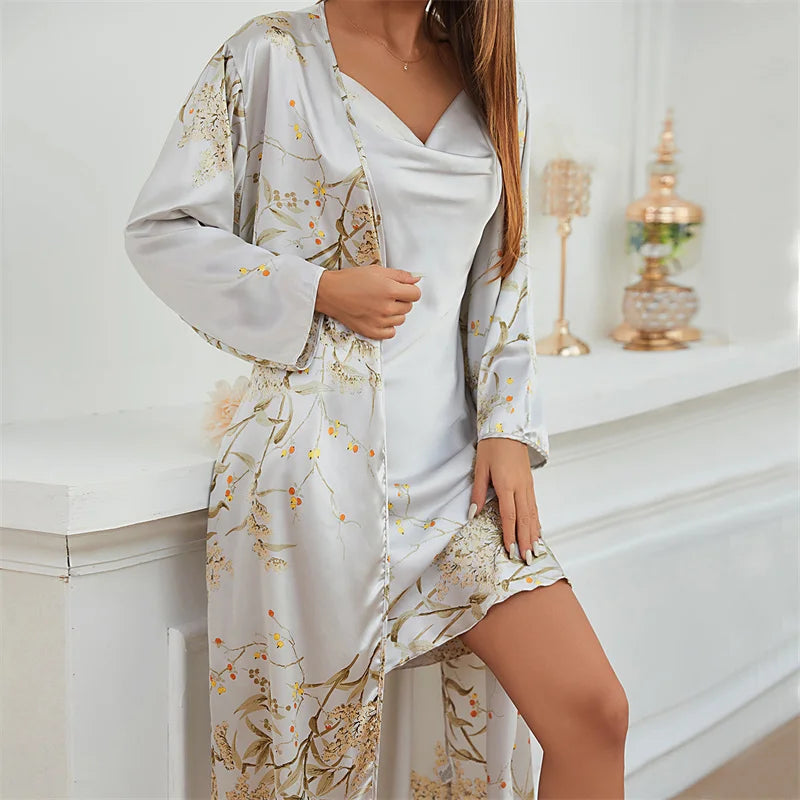 Two-piece Tie Nightgown Set Printed Satin Nightgown Suspender Dress Summer Home Clothes