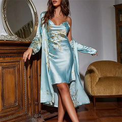 Two-piece Tie Nightgown Set Printed Satin Nightgown Suspender Dress Summer Home Clothes