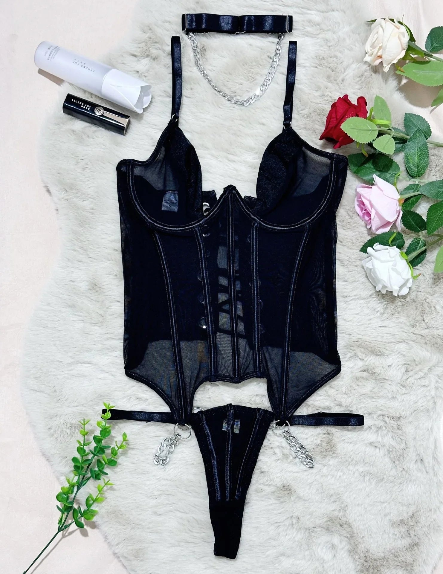 Ultra Thin Mesh Breathable Underwear Boned Bustier Halter Backless Cross Strap Hollow Out Thong Corset Lingerie Set