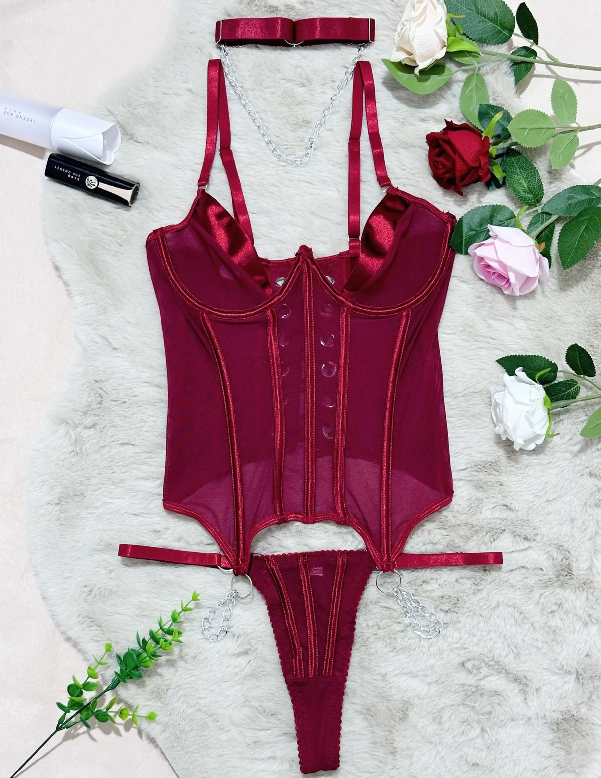 Ultra Thin Mesh Breathable Underwear Boned Bustier Halter Backless Cross Strap Hollow Out Thong Corset Lingerie Set