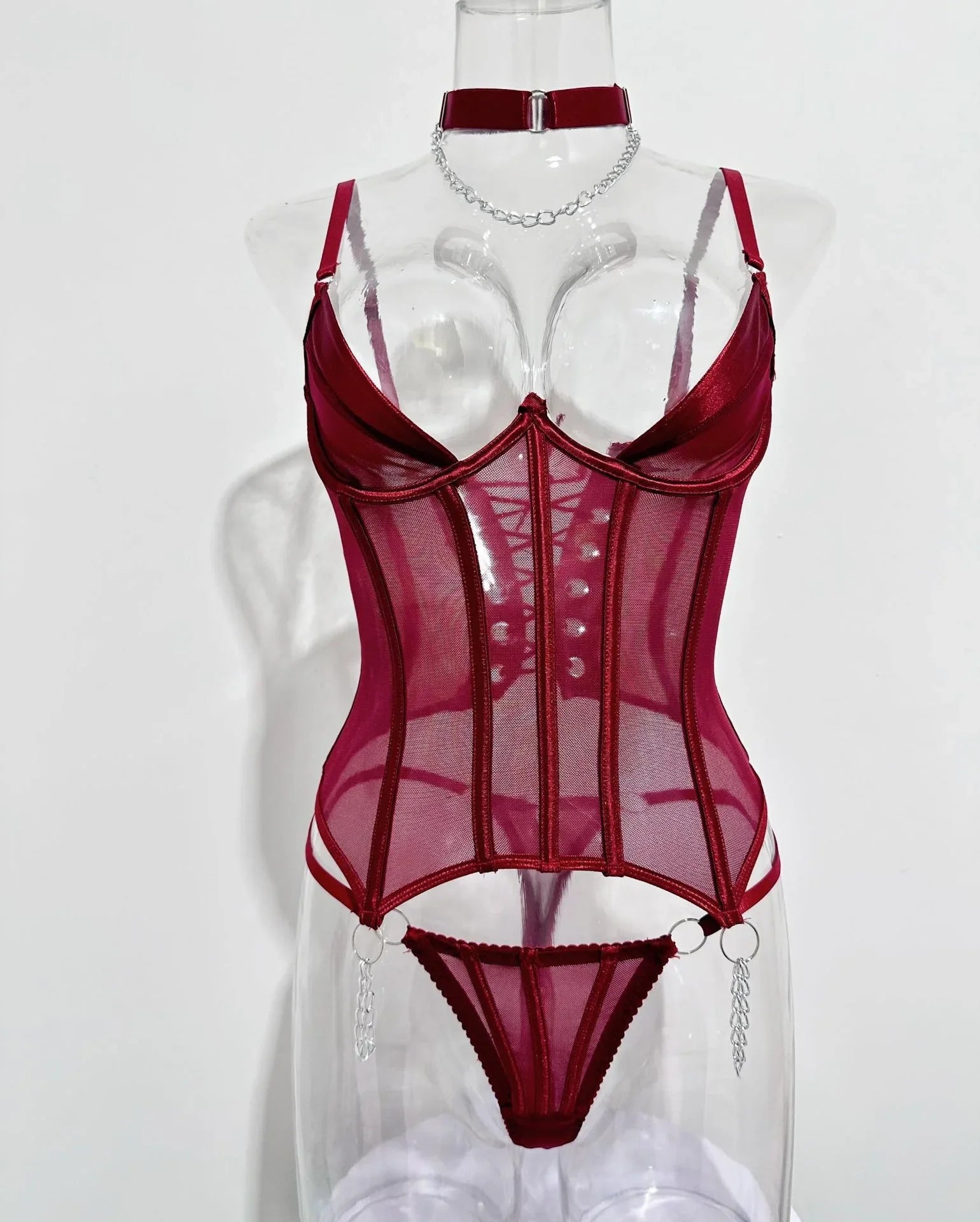 Ultra Thin Mesh Breathable Underwear Boned Bustier Halter Backless Cross Strap Hollow Out Thong Corset Lingerie Set