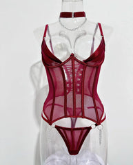 Ultra Thin Mesh Breathable Underwear Boned Bustier Halter Backless Cross Strap Hollow Out Thong Corset Lingerie Set