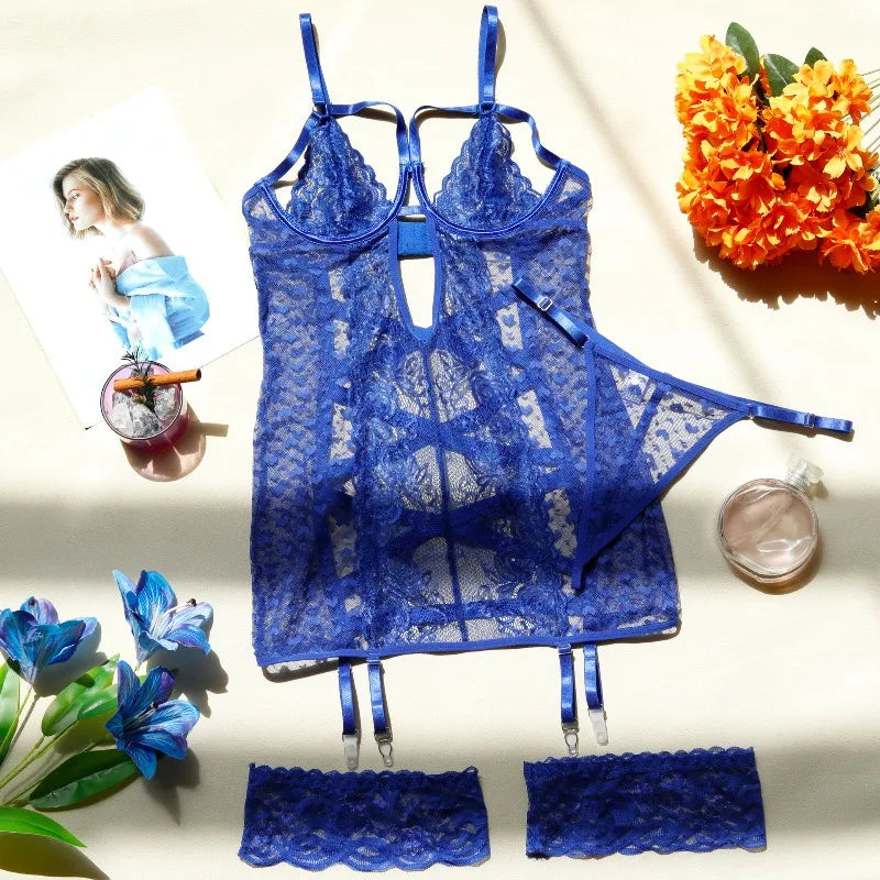 Valentine Lace Lingerie Sets Seductive Dress Thong 2PC with Leg Circles Tempted Heart See Through Hollow Mini Body Suit