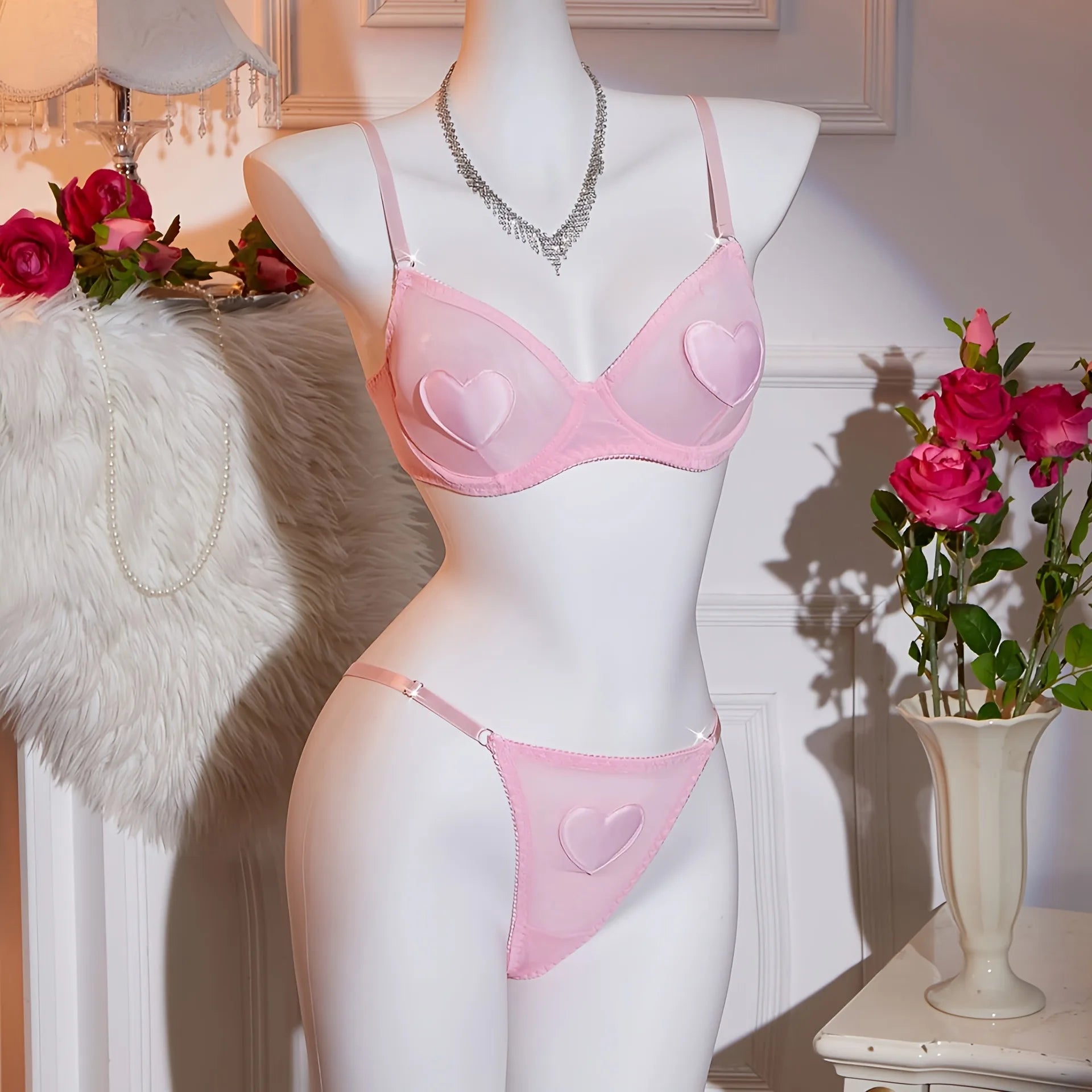 Valentines Day Western Pink Heart Transparent Mesh