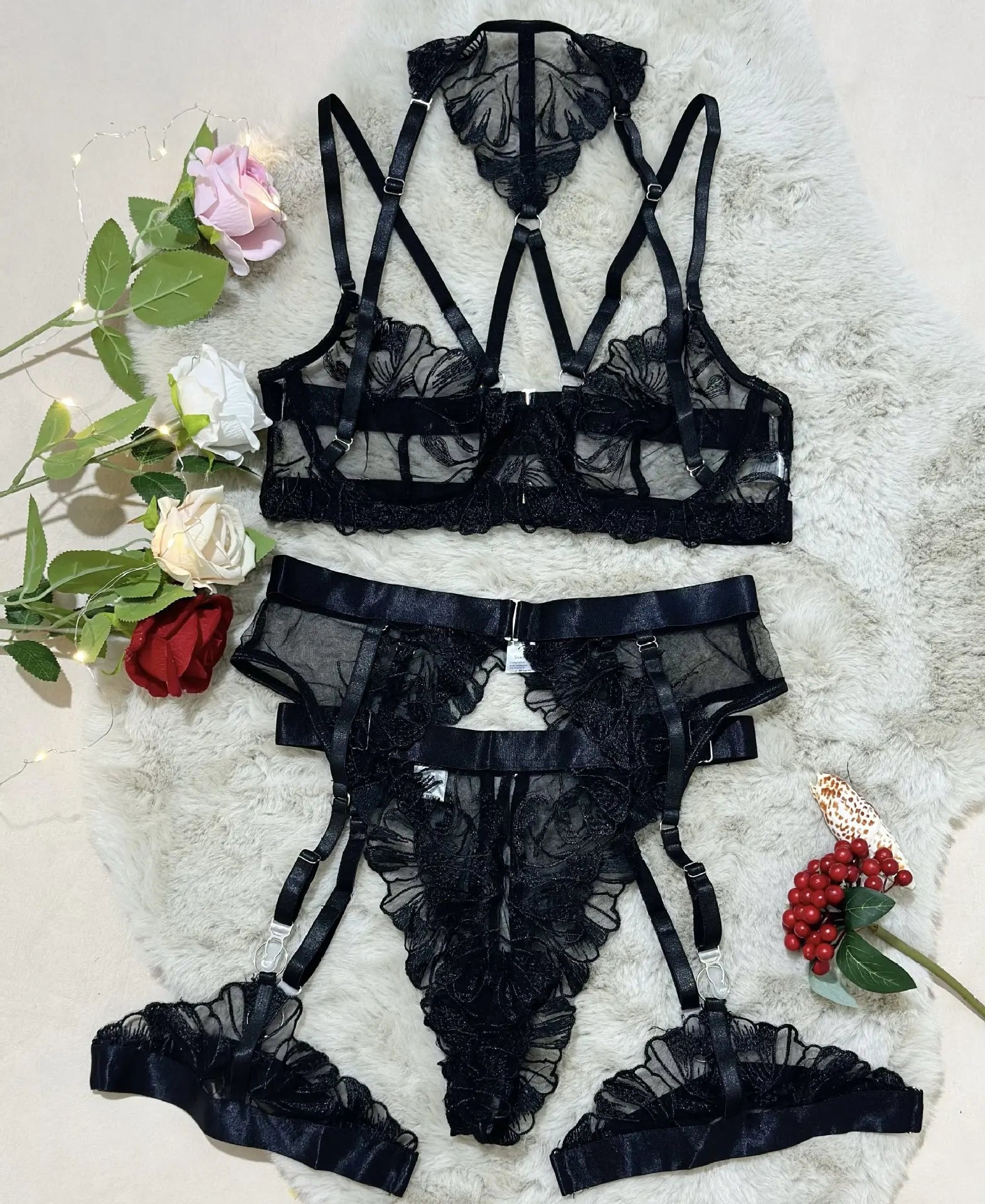 Western Black Embroidery Halter Underwire See Through Mesh Bra
