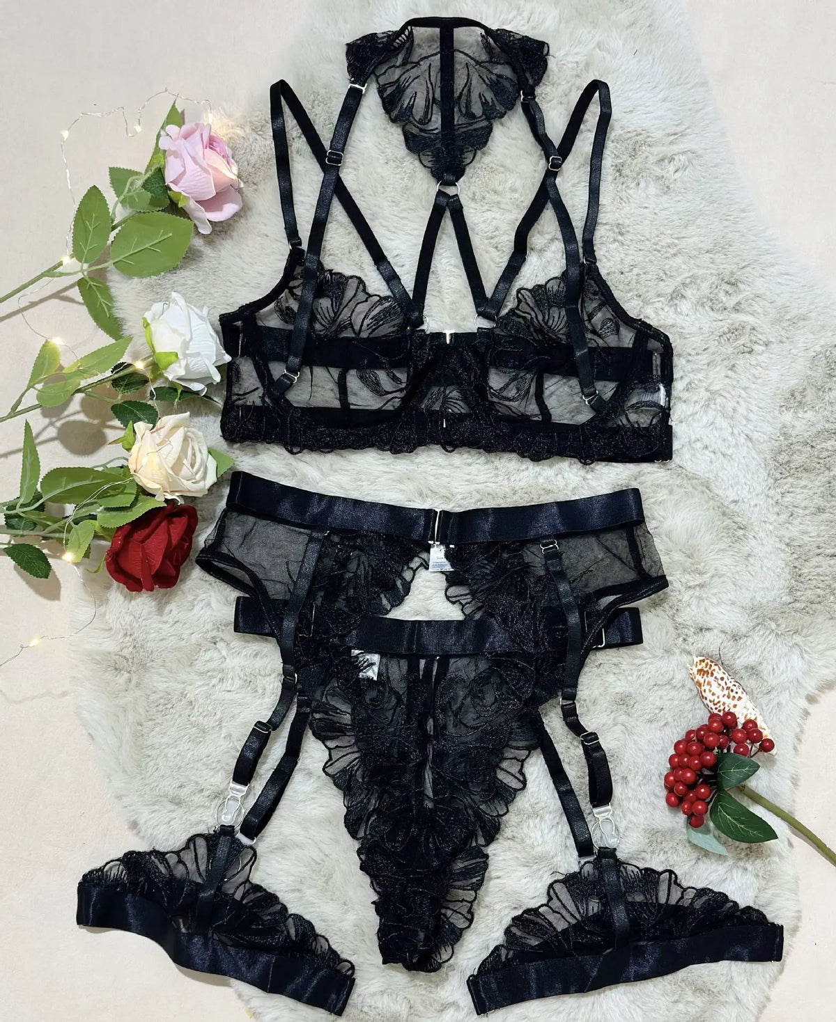 Western Black Embroidery Halter Underwire See Through Mesh Bra