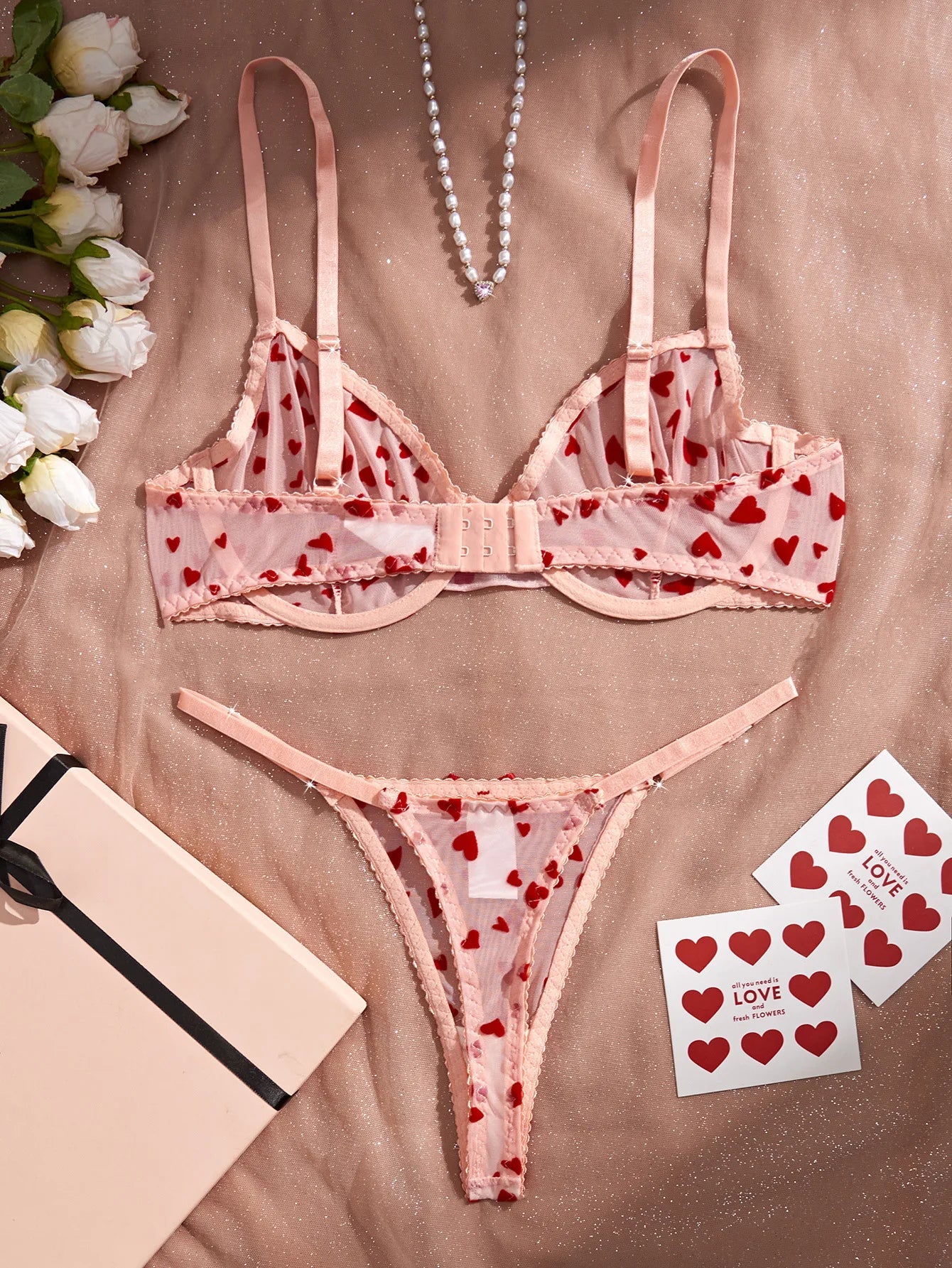 Western Black Heart Mesh See Through Pure Bras Erotic Seductive Valentine Day Underwears Lingerie Set