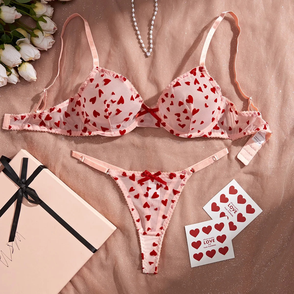 Western Black Heart Mesh See Through Pure Bras Erotic Seductive Valentine Day Underwears Lingerie Set
