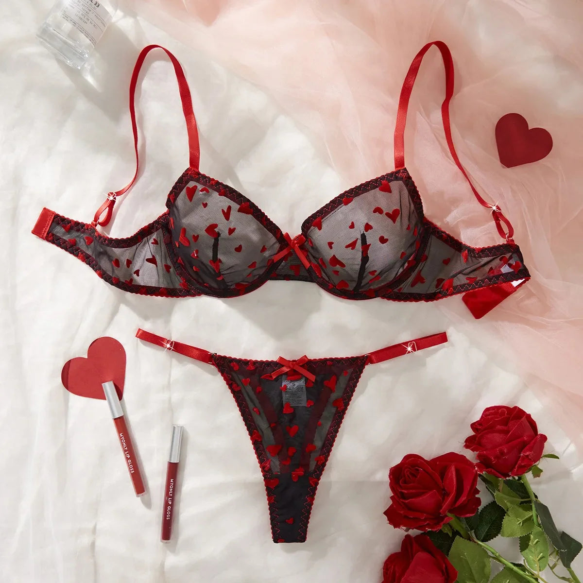 Western Black Heart Mesh See Through Pure Bras Erotic Seductive Valentine Day Underwears Lingerie Set