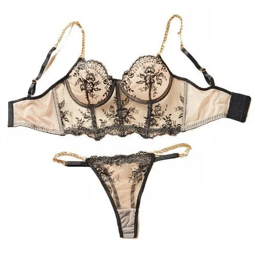 Western Black Mesh Embroidery Lace Trim Bras Erotic Seductive Underwears Clothings Seductive Lingerie Set