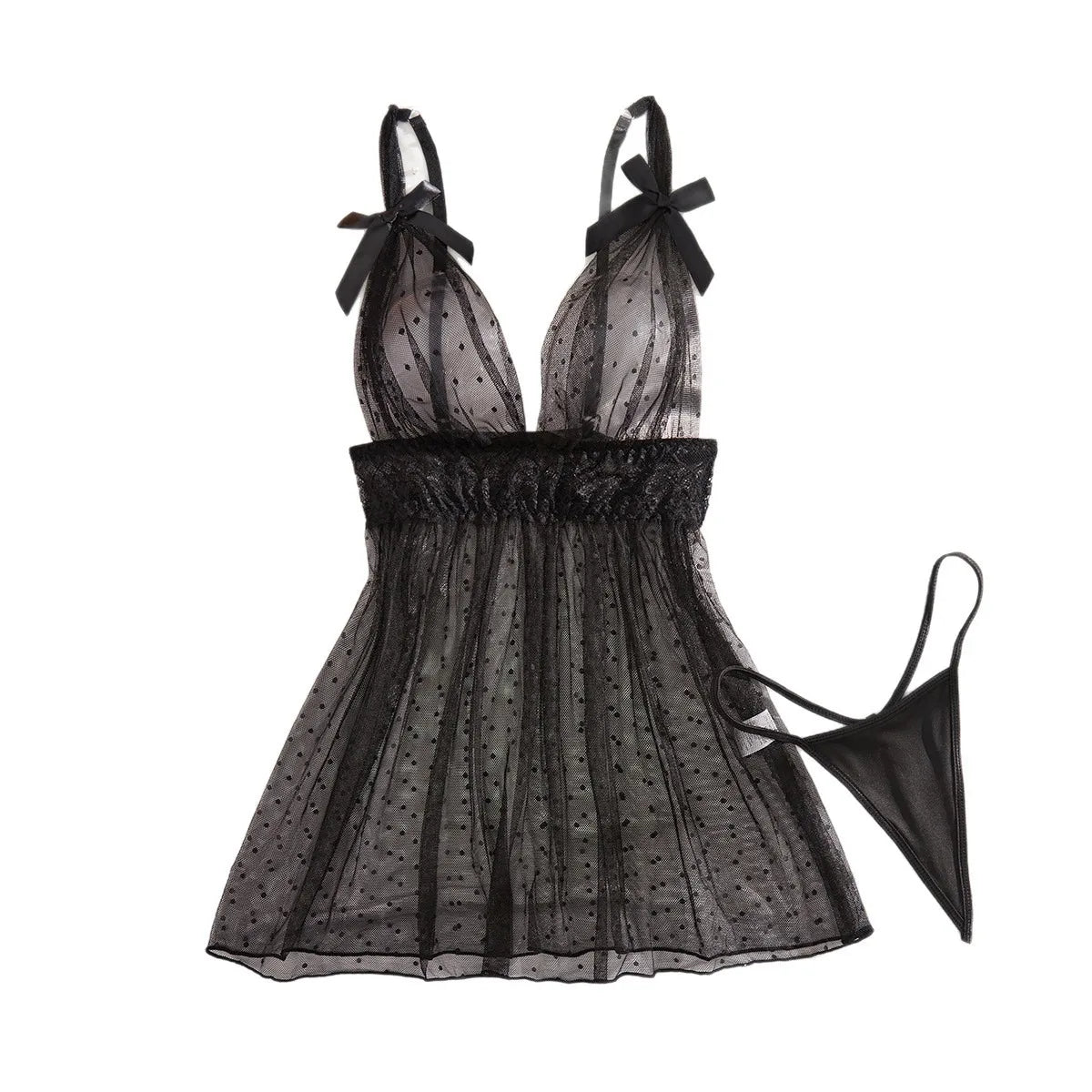 Western Black Polka Dot Mesh Lace Splicing See Through Suspender Thong