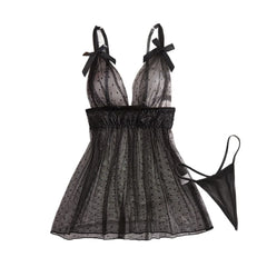 Western Black Polka Dot Mesh Lace Splicing See Through Suspender Thong