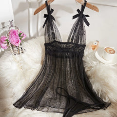 Western Black Polka Dot Mesh Lace Splicing See Through Suspender Thong