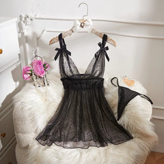 Western Black Polka Dot Mesh Lace Splicing See Through Suspender Thong