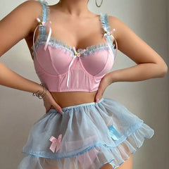 Western Cute Girl Bowknot Backless Sling See Through Mesh Split