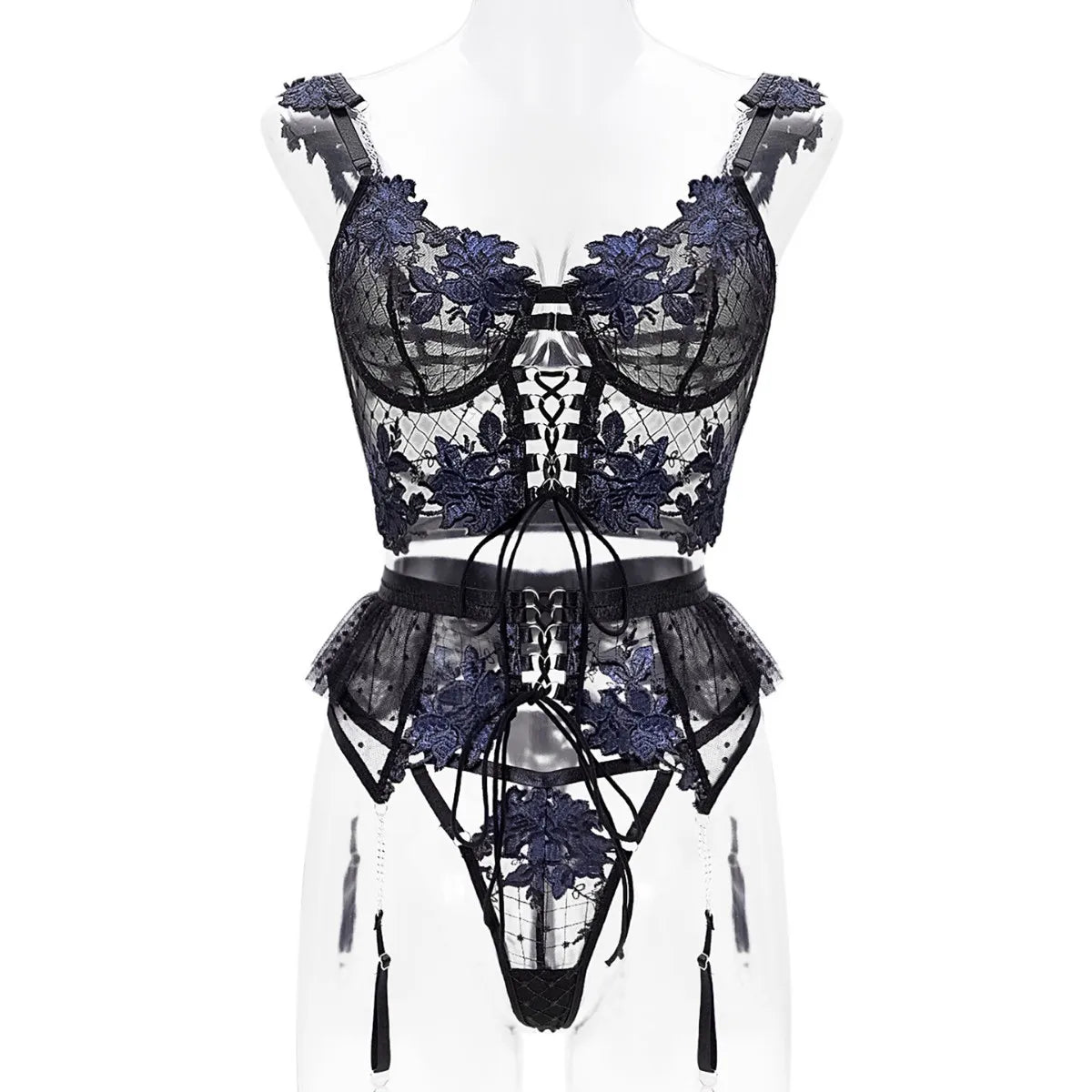 Western Embroidery Bra Mesh Floral Lingerie Sets