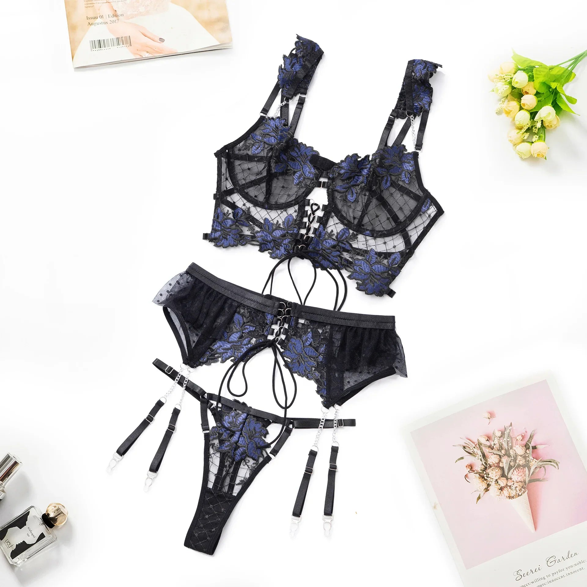 Western Embroidery Bra Mesh Floral Lingerie Sets