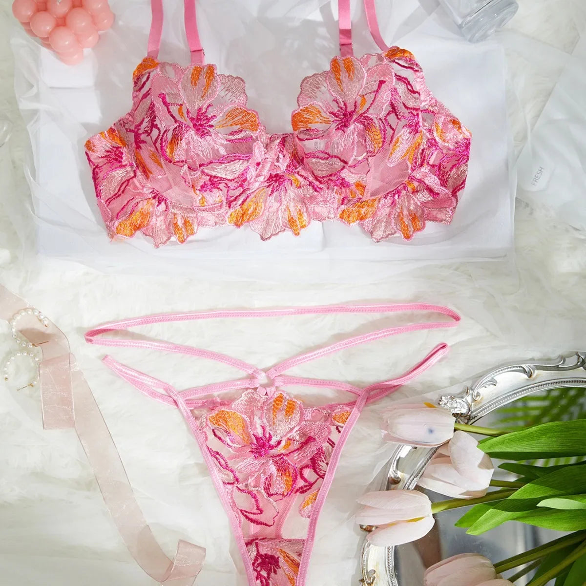 Western Embroidery Lace Multicolor See Through Sling Bras Erotic Seductive Underwears Clothing Lingerie Set
