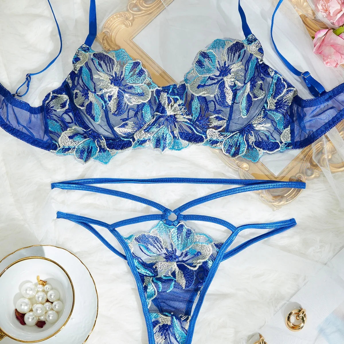 Western Embroidery Lace Multicolor See Through Sling Bras Erotic Seductive Underwears Clothing Lingerie Set