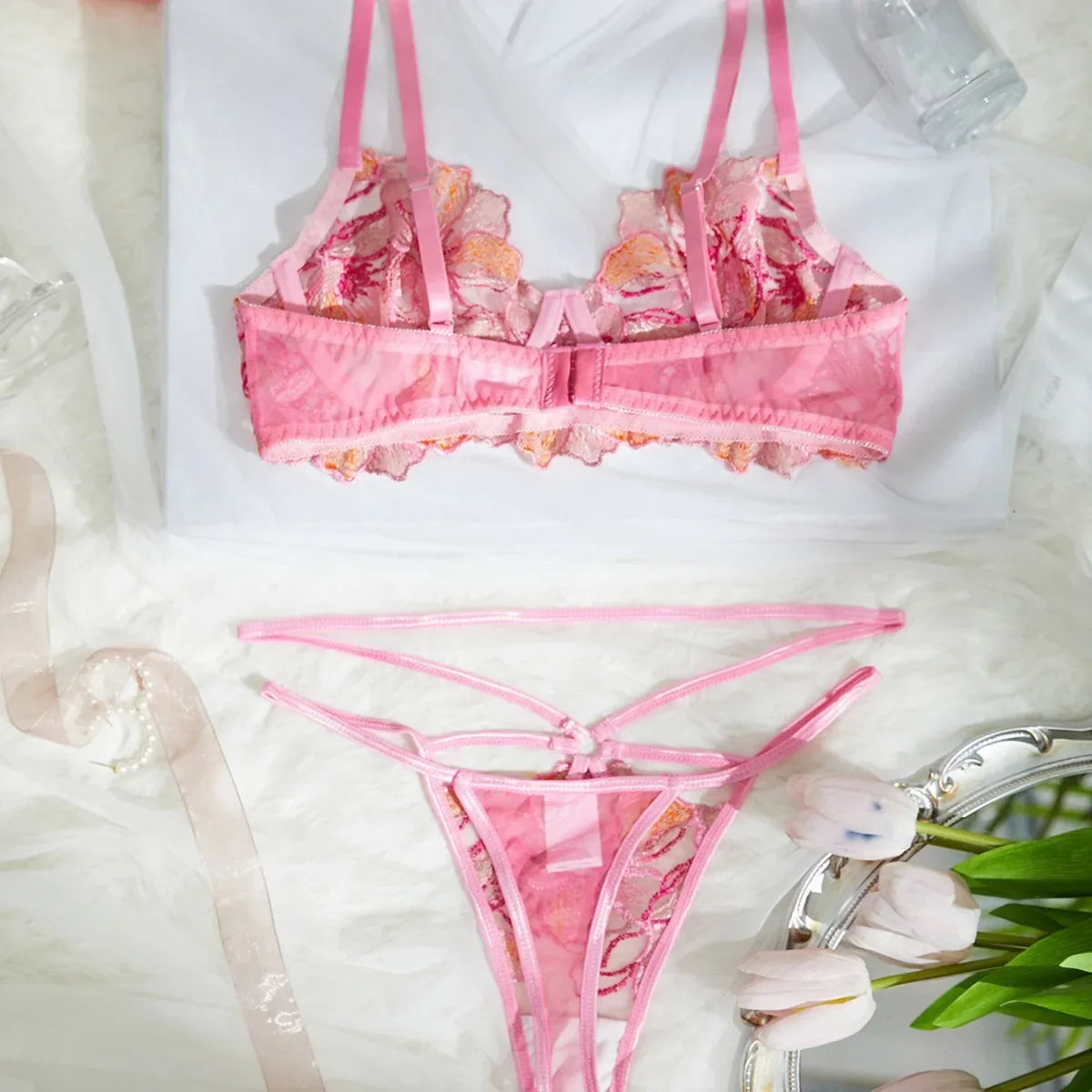 Western Embroidery Lace Multicolor See Through Sling Bras Erotic Seductive Underwears Clothing Lingerie Set