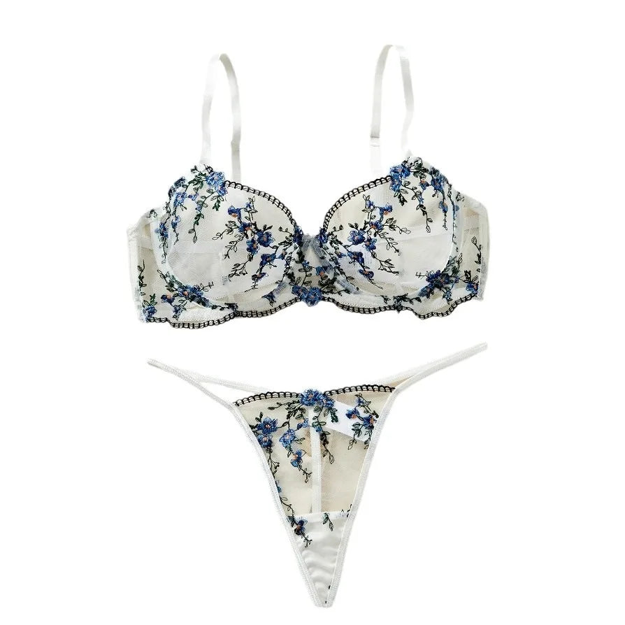 Western Erotic Fresh Small Floral See Through Embroidery Bras Seductive Underwear Clothings Lingerie Set