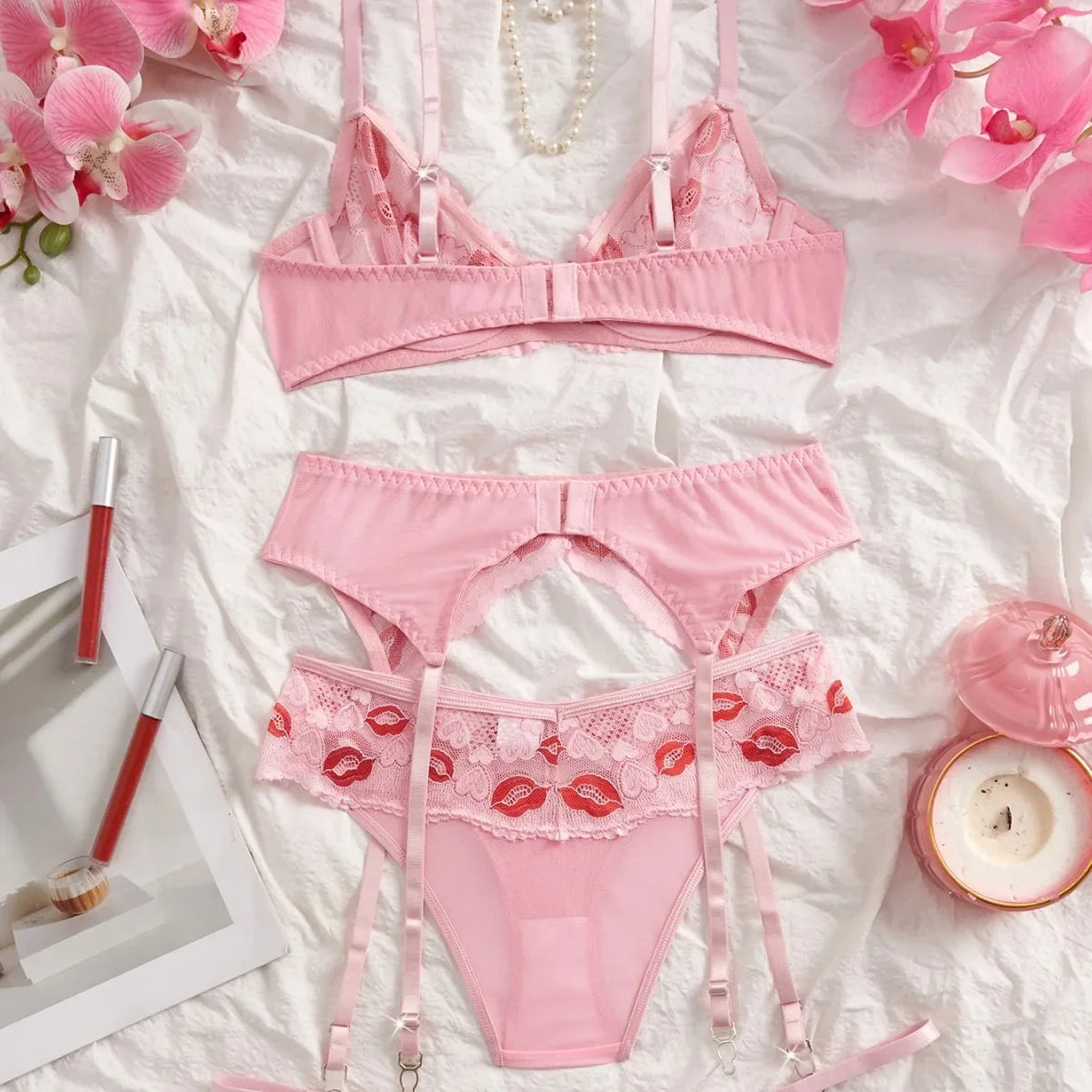 Western Erotic Lips Printed Bra Hollow Out See Through Pantiess Seductive Underwears Clothing Lingerie Set