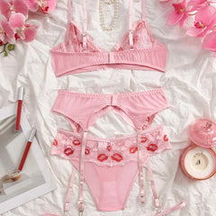 Western Erotic Lips Printed Bra Hollow Out See Through Pantiess Seductive Underwears Clothing Lingerie Set