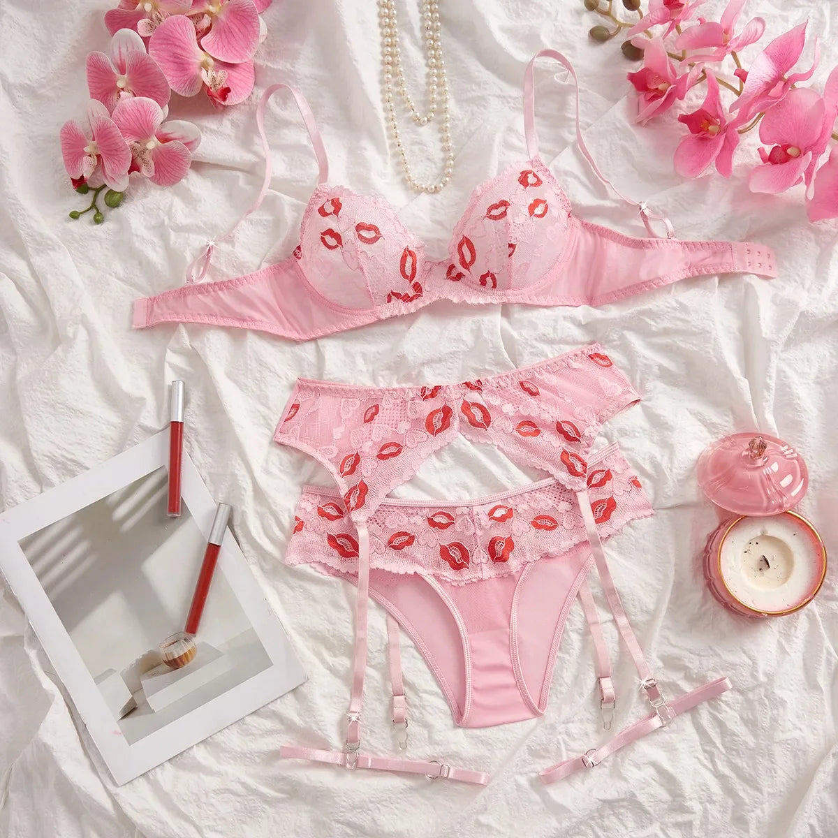 Western Erotic Lips Printed Bra Hollow Out See Through Pantiess Seductive Underwears Clothing Lingerie Set