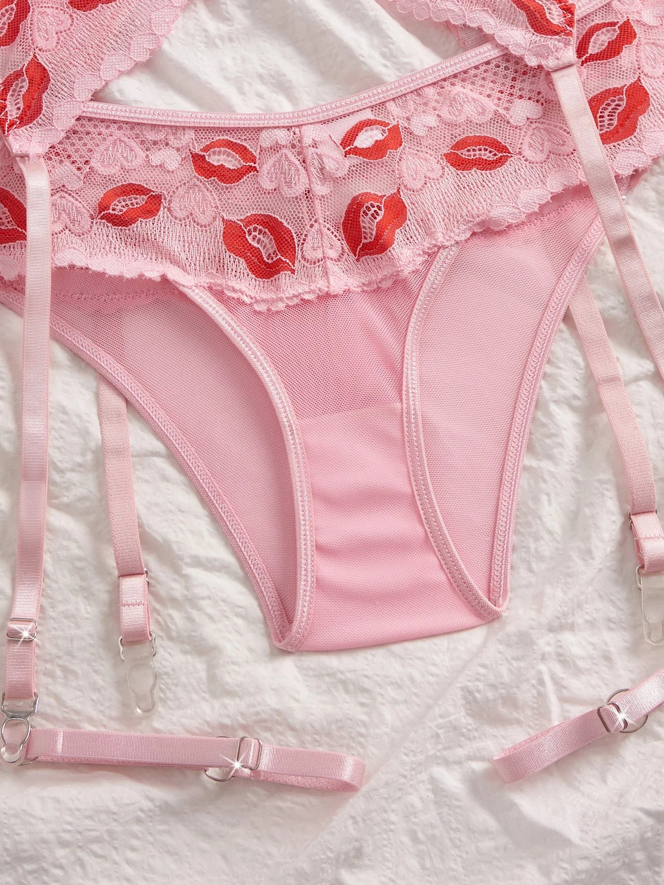 Western Erotic Lips Printed Bra Hollow Out See Through Pantiess Seductive Underwears Clothing Lingerie Set