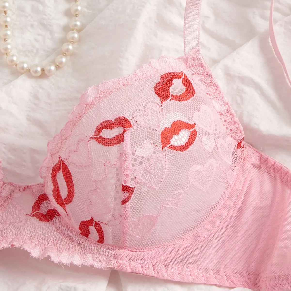 Western Erotic Lips Printed Bra Hollow Out See Through Pantiess Seductive Underwears Clothing Lingerie Set