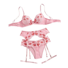 Western Erotic Lips Printed Bra Hollow Out See Through Pantiess Seductive Underwears Clothing Lingerie Set