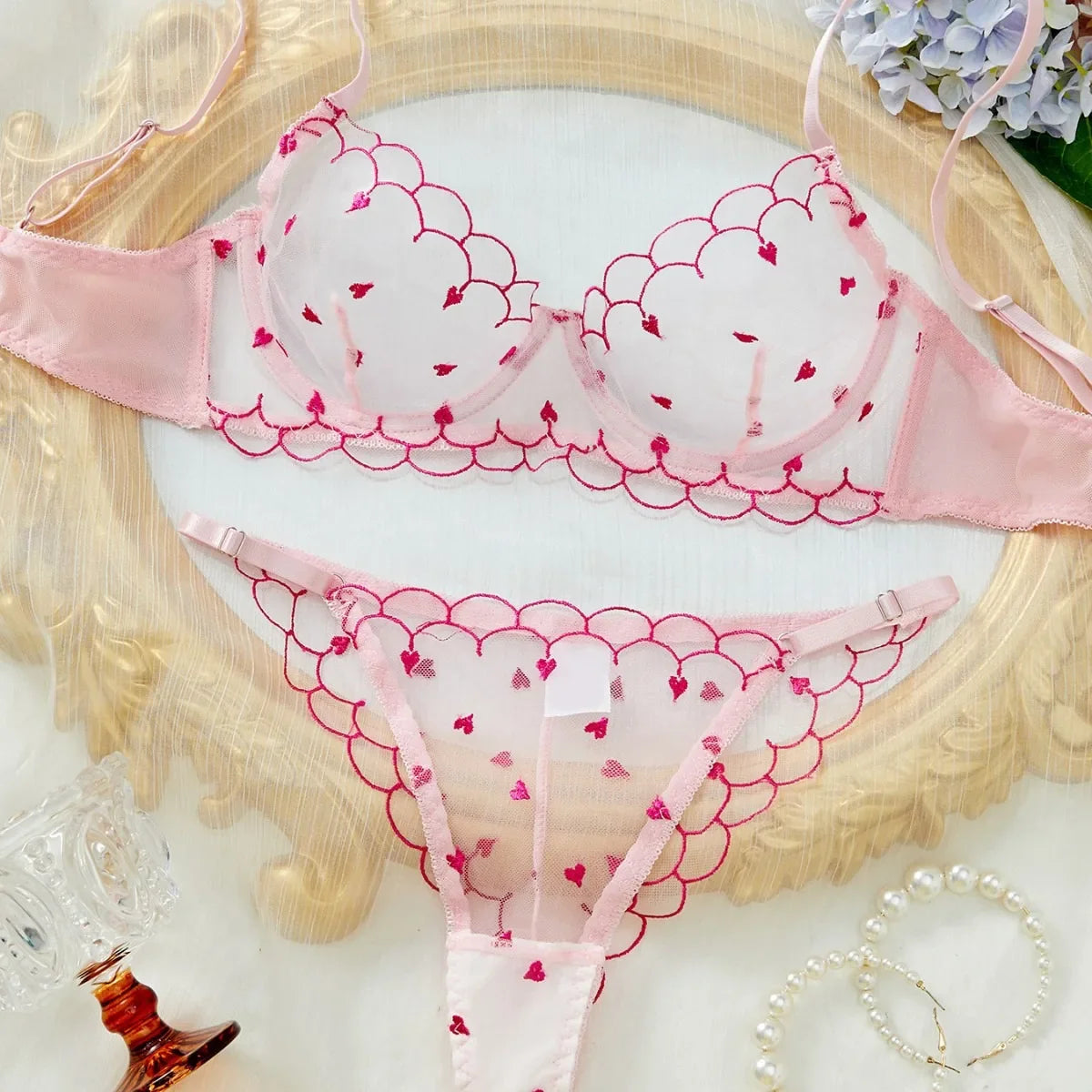 Western Erotic Lingeries Thin Breathable Heart Embroidery Mesh Bra Seductive Underwears Clothings Lingerie Set