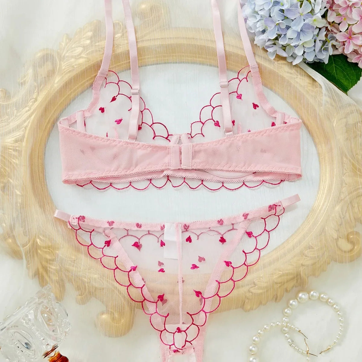 Western Erotic Lingeries Thin Breathable Heart Embroidery Mesh Bra Seductive Underwears Clothings Lingerie Set