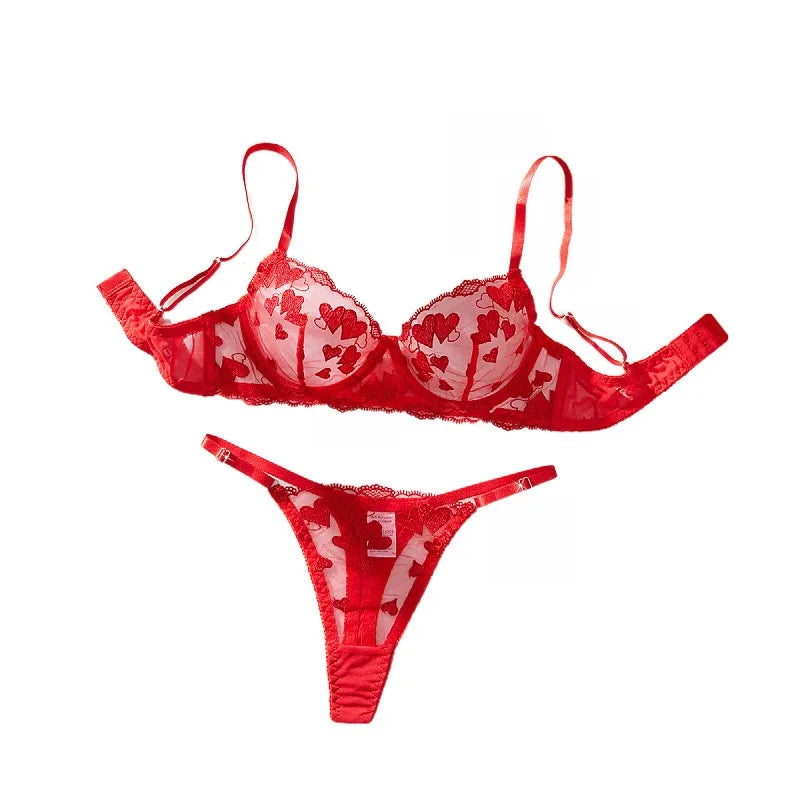 Western Erotic Mesh Heart Embroidery Bras Seductive Underwearsss Seductive Clothing Lingerie Set