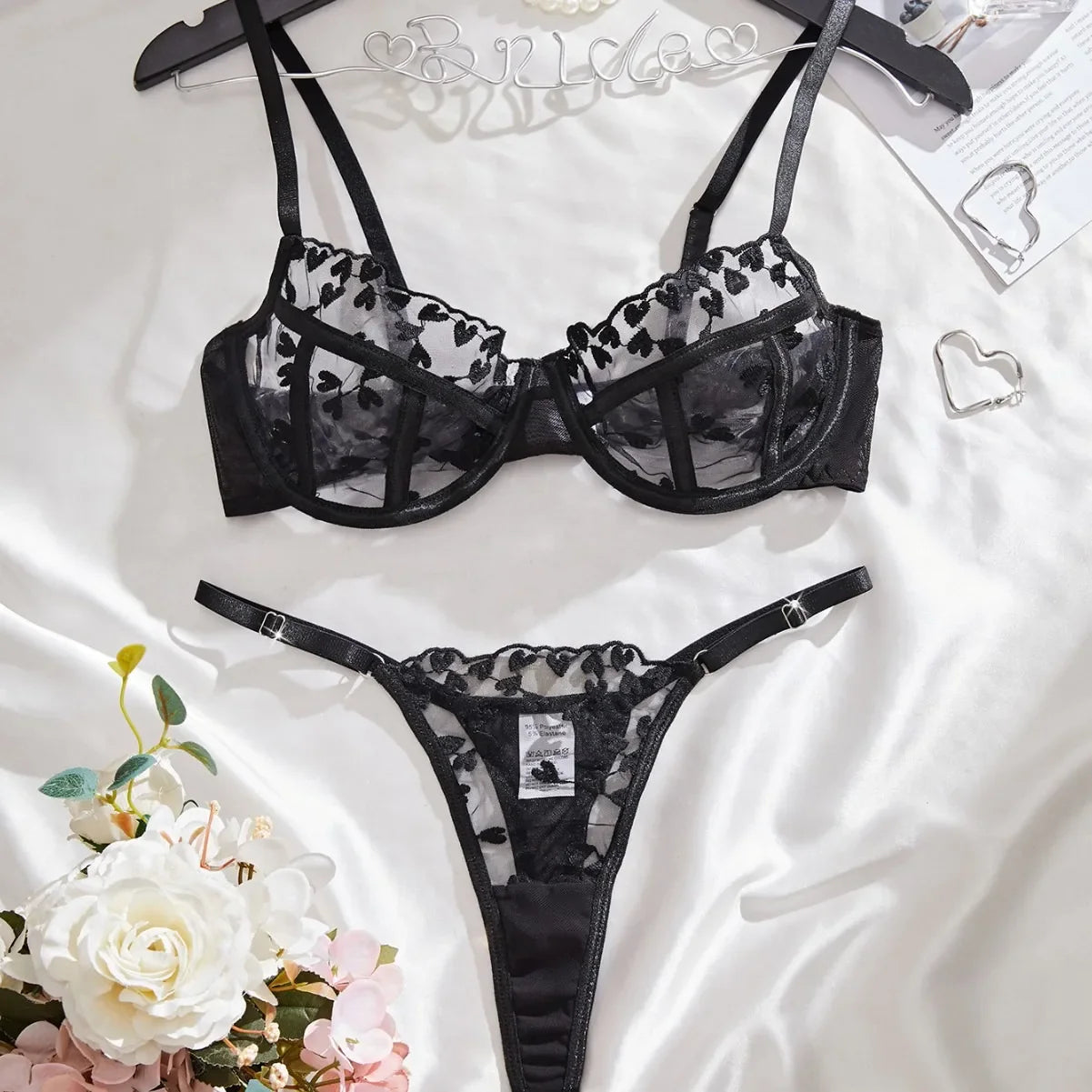 Western Erotic Mesh Heart Embroidery Pure See Through Bras Seductive Underwears Lingerie Set