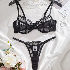 Western Erotic Mesh Heart Embroidery Pure See Through Bras Seductive Underwears Lingerie Set
