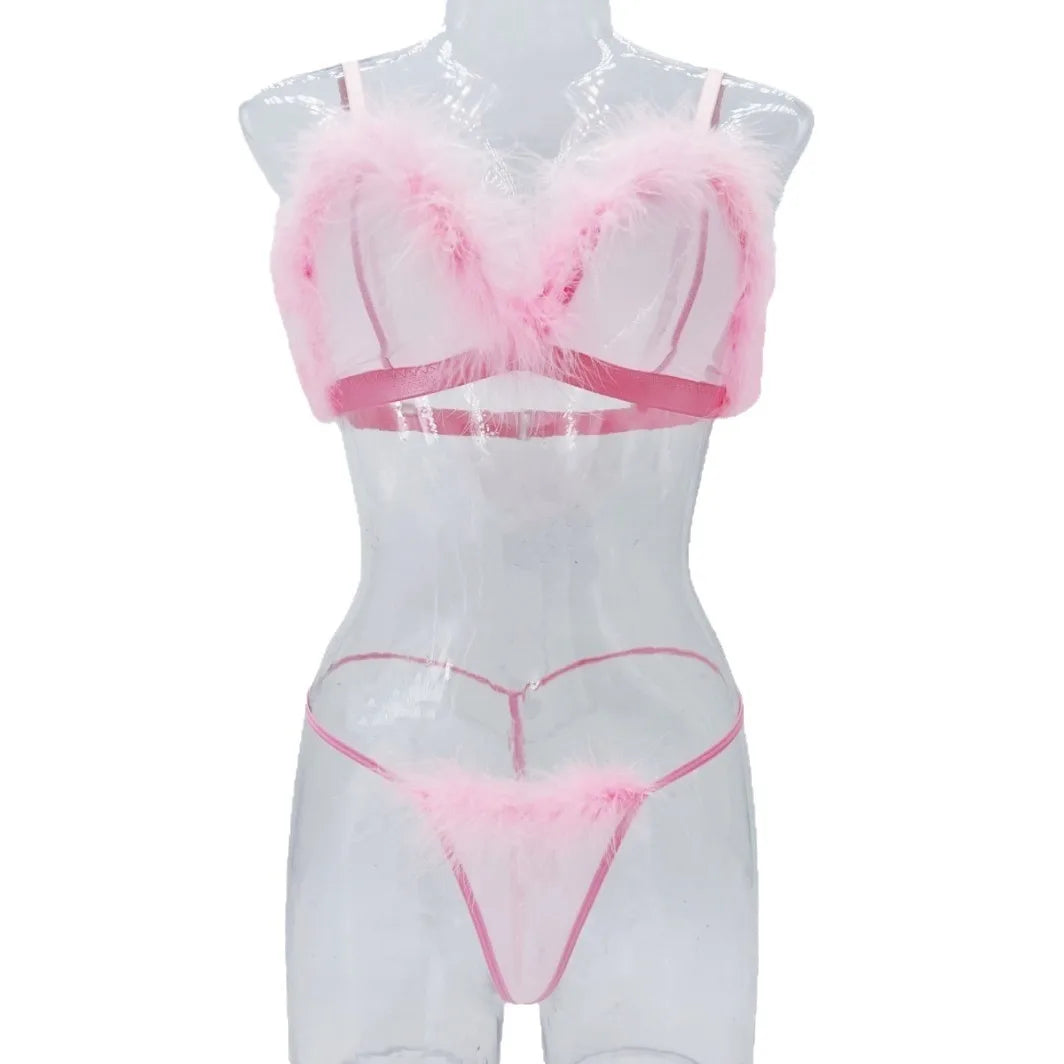 Western Erotic Mesh Furry Bra Thongs Seductive Underwearsss Seductive Clothing Lingerie Set