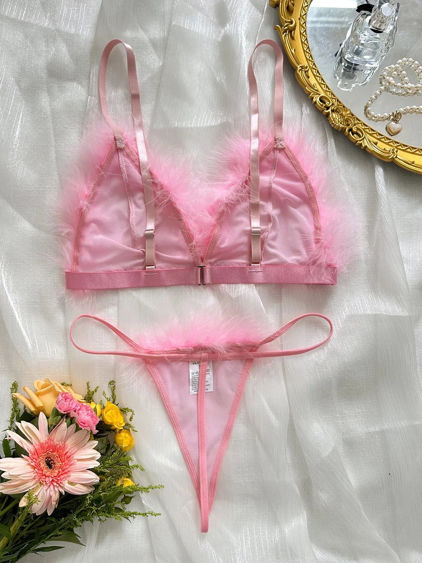 Western Erotic Mesh Furry Bra Thongs Seductive Underwearsss Seductive Clothing Lingerie Set