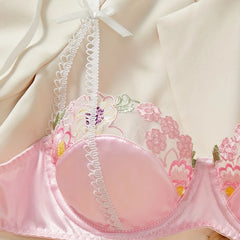 Western French Sweet Floral Embroidery Mesh Bra