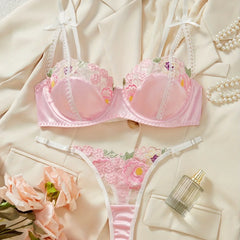 Western French Sweet Floral Embroidery Mesh Bra