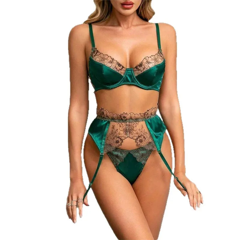 Western Green Embroidery Flower Mesh Splicing Belt Bra