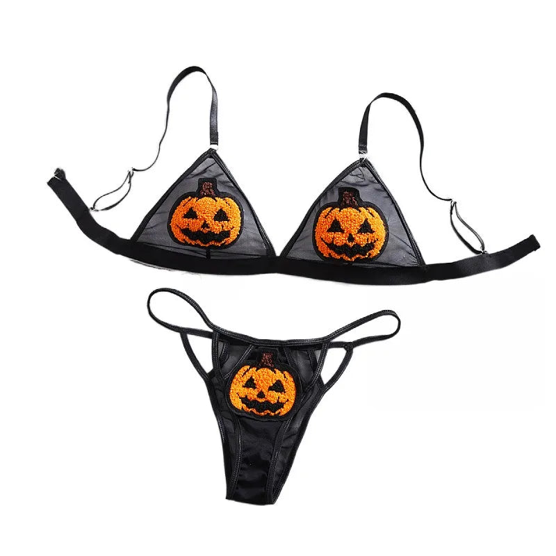 Western Halloween Pumpkin Devil Role Play Three Point Bras Dark Funny Erotic Underwear Clothings Lingerie Set