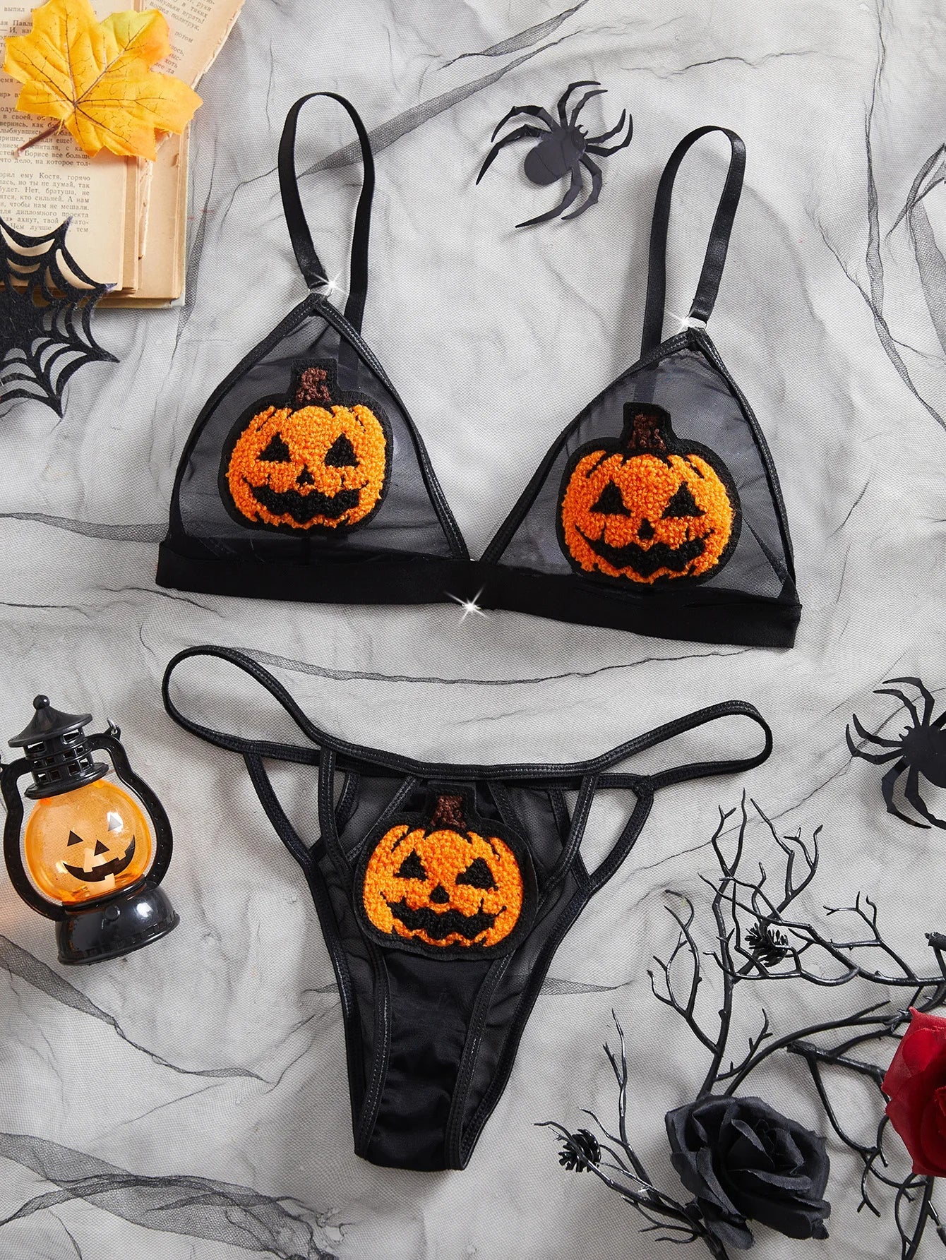 Western Halloween Pumpkin Devil Role Play Three Point Bras Dark Funny Erotic Underwear Clothings Lingerie Set