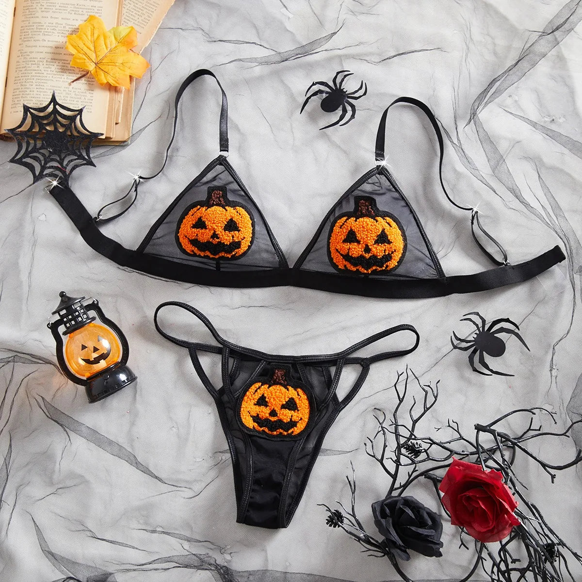 Western Halloween Pumpkin Devil Role Play Three Point Bras Dark Funny Erotic Underwear Clothings Lingerie Set