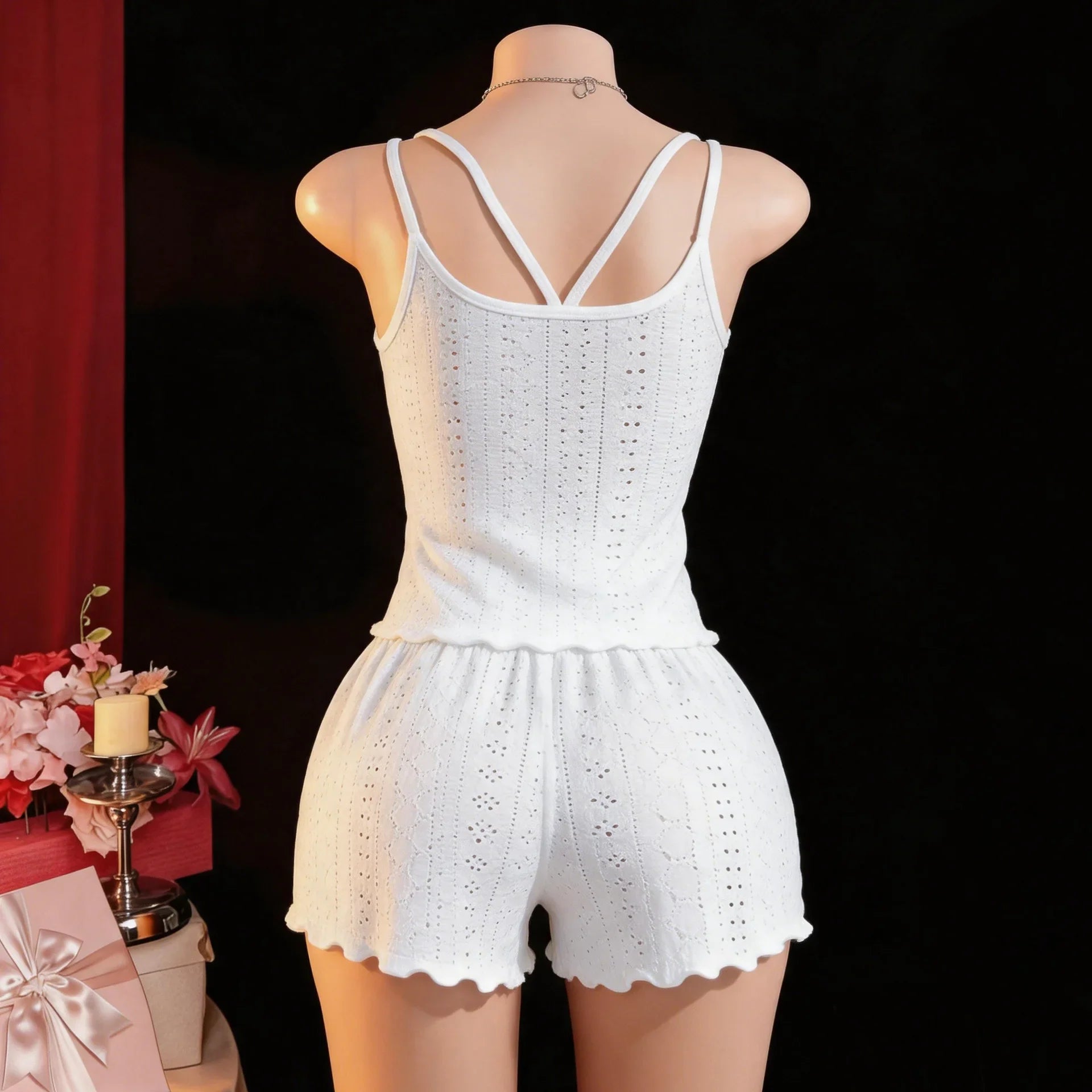 Western Hollow Out Casual Underwear Cami Double Strap Backless Cross Lace Loungewear Homewear Shorts Lingerie Set