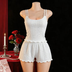 Western Hollow Out Casual Underwear Cami Double Strap Backless Cross Lace Loungewear Homewear Shorts Lingerie Set