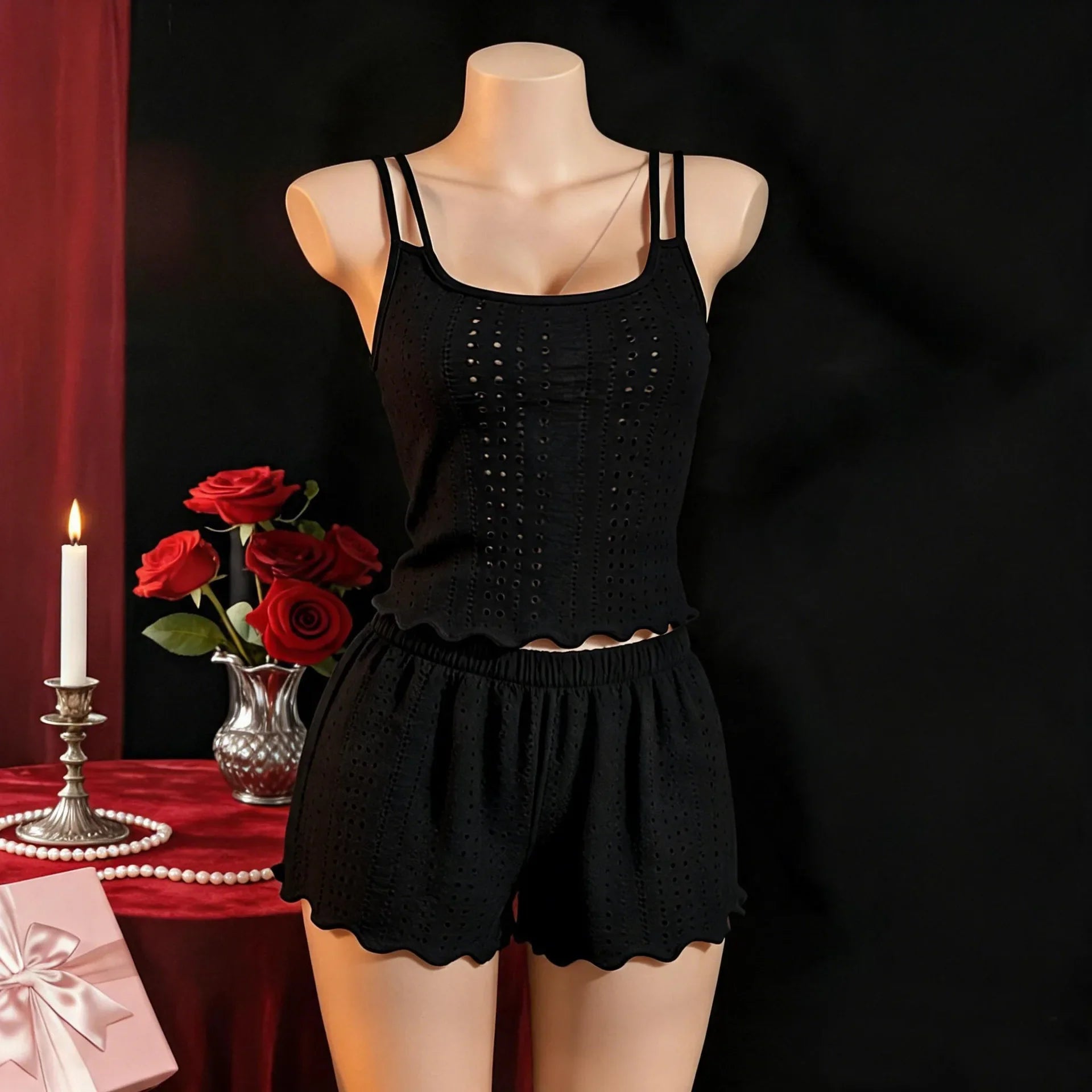 Western Hollow Out Casual Underwear Cami Double Strap Backless Cross Lace Loungewear Homewear Shorts Lingerie Set