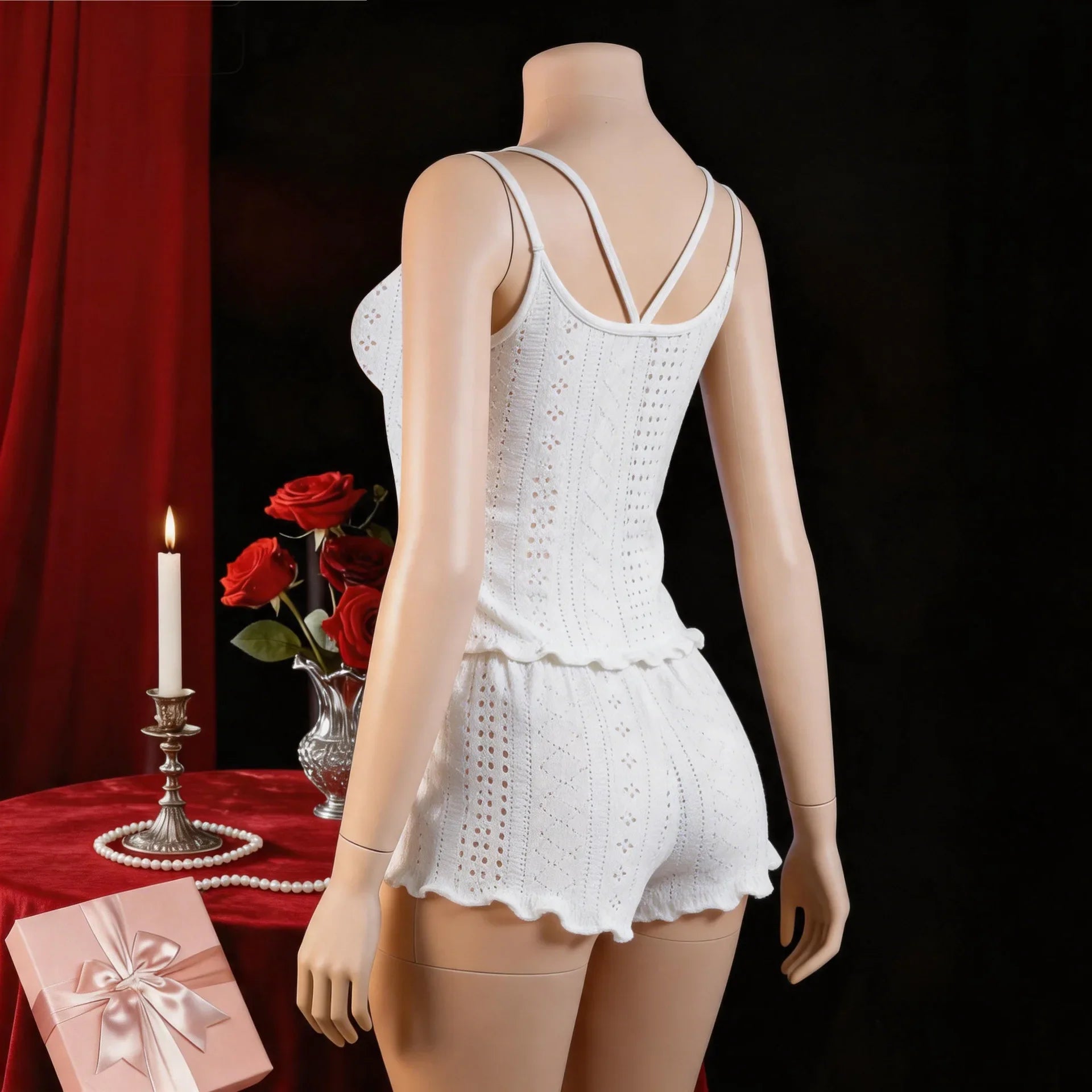 Western Hollow Out Casual Underwear Cami Double Strap Backless Cross Lace Loungewear Homewear Shorts Lingerie Set