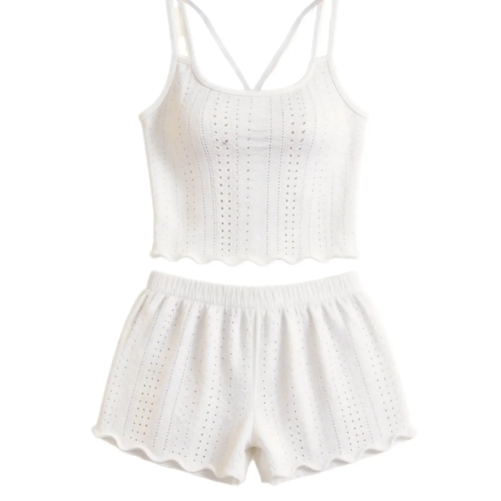 Western Hollow Out Casual Underwear Cami Double Strap Backless Cross Lace Loungewear Homewear Shorts Lingerie Set