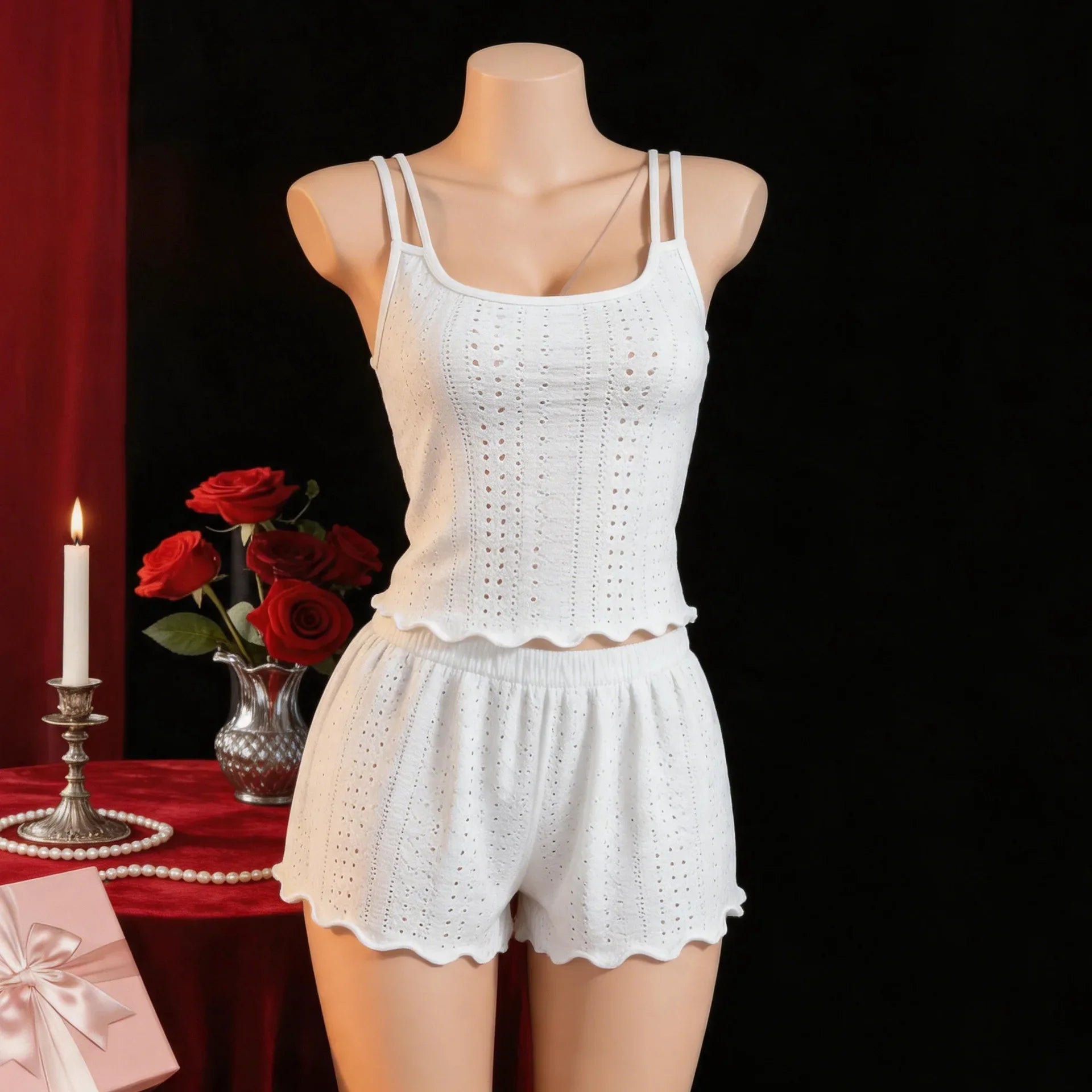 Western Hollow Out Casual Underwear Cami Double Strap Backless Cross Lace Loungewear Homewear Shorts Lingerie Set
